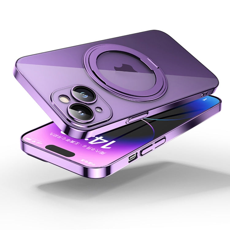 For iPhone 14 Plus Electroplated 360 Degree Bracket MagSafe Magnetic Phone Case(Transparent Purple) - iPhone 14 Plus Cases by buy2fix | Online Shopping UK | buy2fix