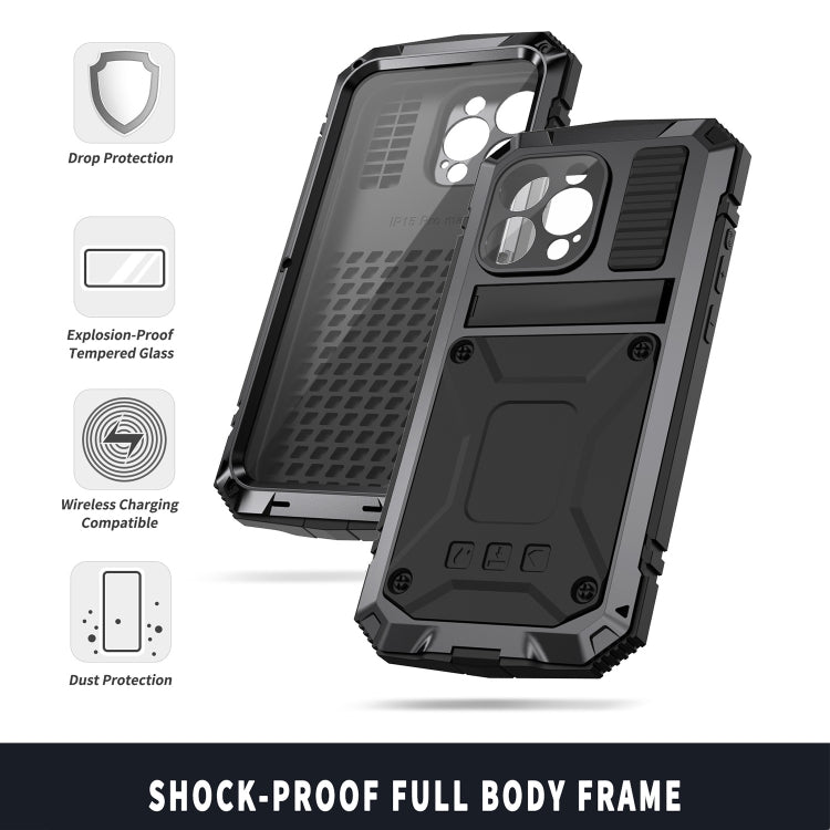 For iPhone 15 Pro R-JUST Shockproof Life Waterproof Dust-proof Metal + Silicone Phone Case with Holder(Black) - iPhone 15 Pro Cases by R-JUST | Online Shopping UK | buy2fix