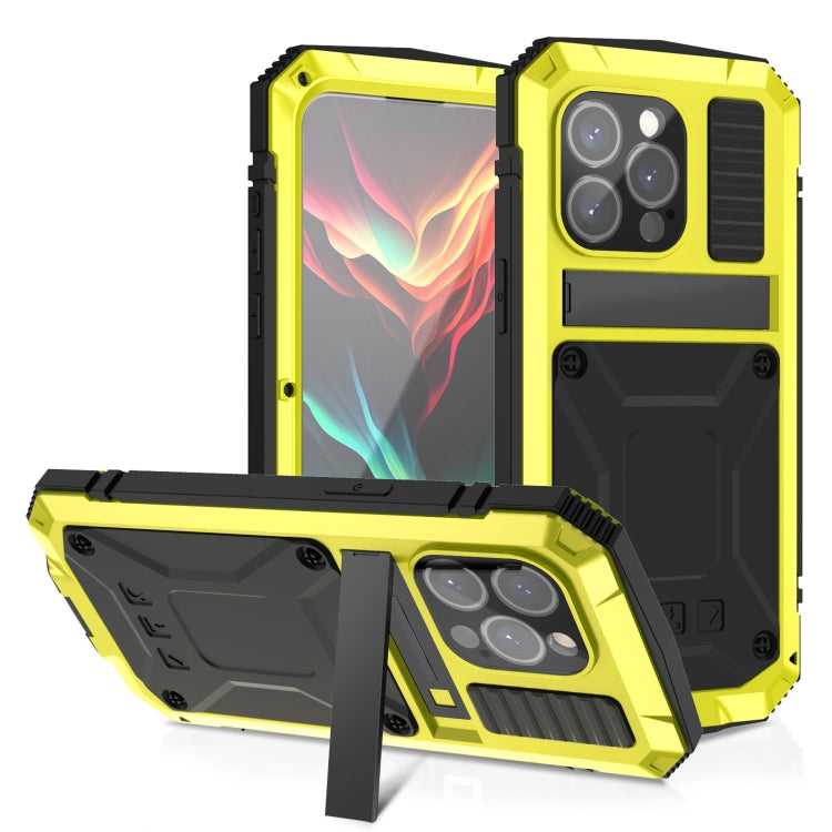 For iPhone 15 Pro R-JUST Shockproof Life Waterproof Dust-proof Metal + Silicone Phone Case with Holder(Yellow) - iPhone 15 Pro Cases by R-JUST | Online Shopping UK | buy2fix