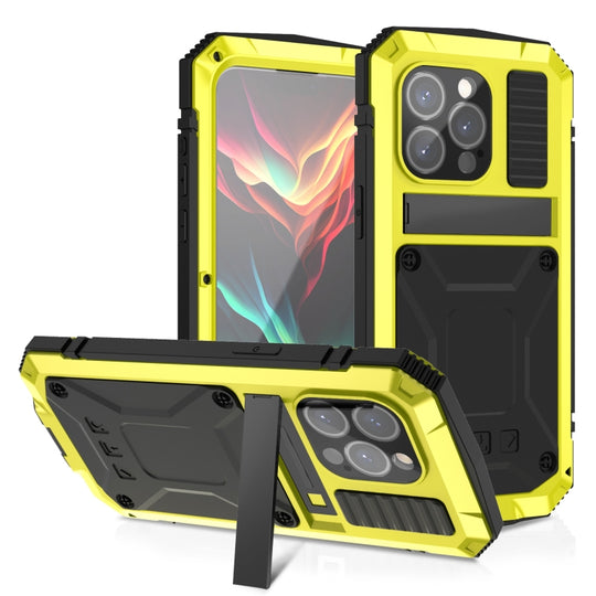 For iPhone 15 Pro R-JUST Shockproof Life Waterproof Dust-proof Metal + Silicone Phone Case with Holder(Yellow)