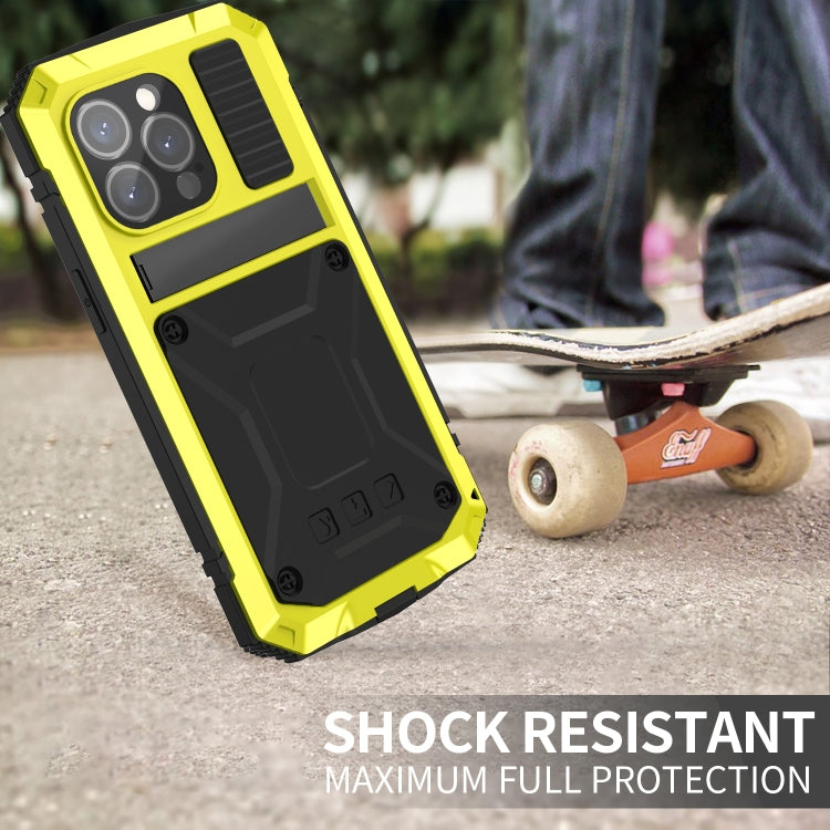 For iPhone 15 Pro R-JUST Shockproof Life Waterproof Dust-proof Metal + Silicone Phone Case with Holder(Yellow) - iPhone 15 Pro Cases by R-JUST | Online Shopping UK | buy2fix