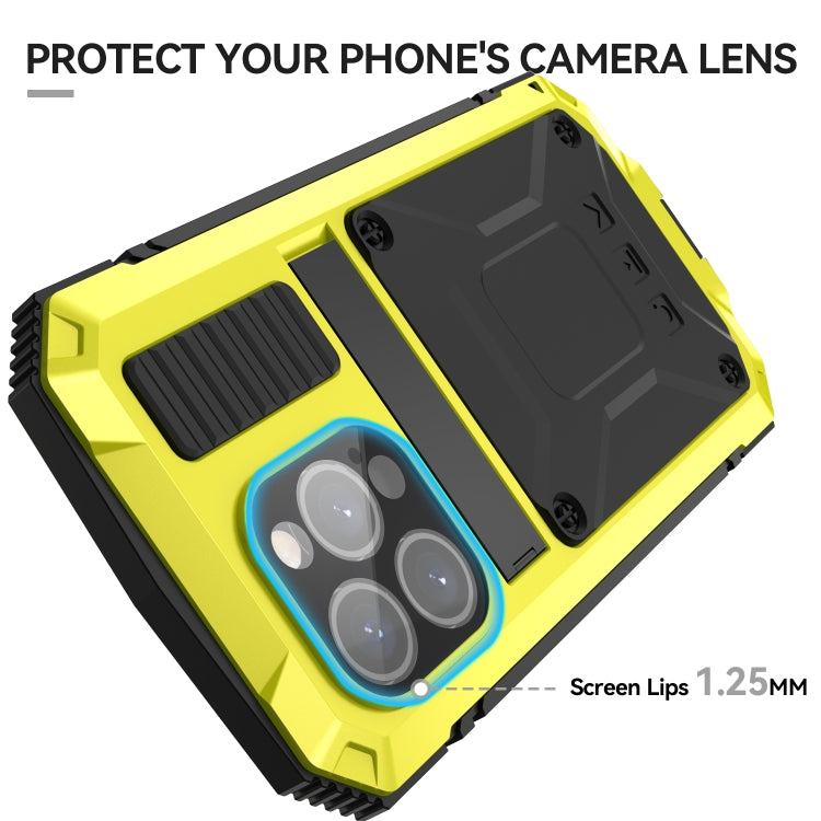 For iPhone 15 Pro R-JUST Shockproof Life Waterproof Dust-proof Metal + Silicone Phone Case with Holder(Yellow) - iPhone 15 Pro Cases by R-JUST | Online Shopping UK | buy2fix