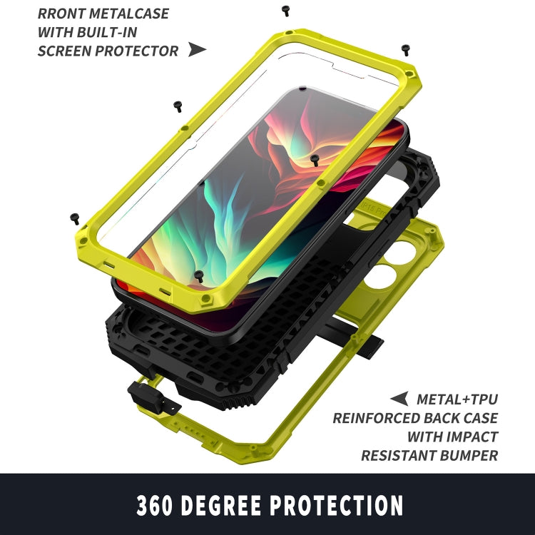 For iPhone 15 Pro R-JUST Shockproof Life Waterproof Dust-proof Metal + Silicone Phone Case with Holder(Yellow) - iPhone 15 Pro Cases by R-JUST | Online Shopping UK | buy2fix