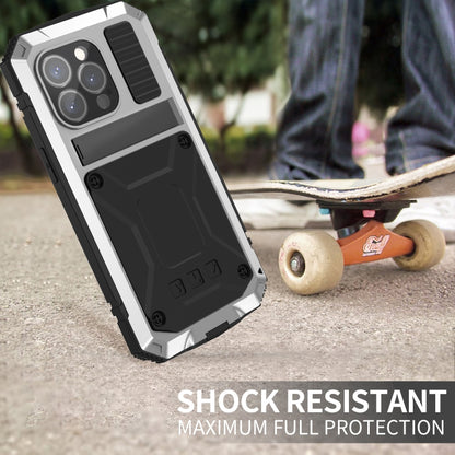 For iPhone 15 Pro R-JUST Shockproof Life Waterproof Dust-proof Metal + Silicone Phone Case with Holder(Silver) - iPhone 15 Pro Cases by R-JUST | Online Shopping UK | buy2fix