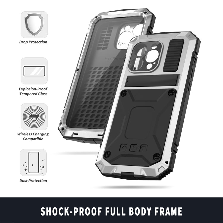For iPhone 15 Pro R-JUST Shockproof Life Waterproof Dust-proof Metal + Silicone Phone Case with Holder(Silver) by R-JUST