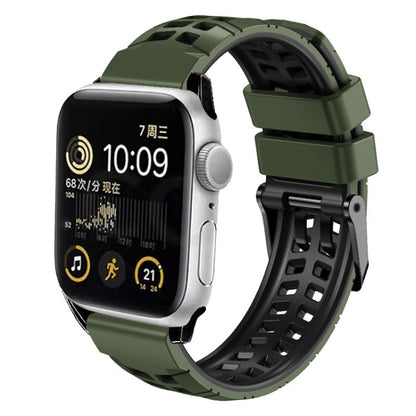 For Apple Watch SE 2022 44mm Twill Dual-row Buckle Silicone Watch Band(Army Green Black) by buy2fix