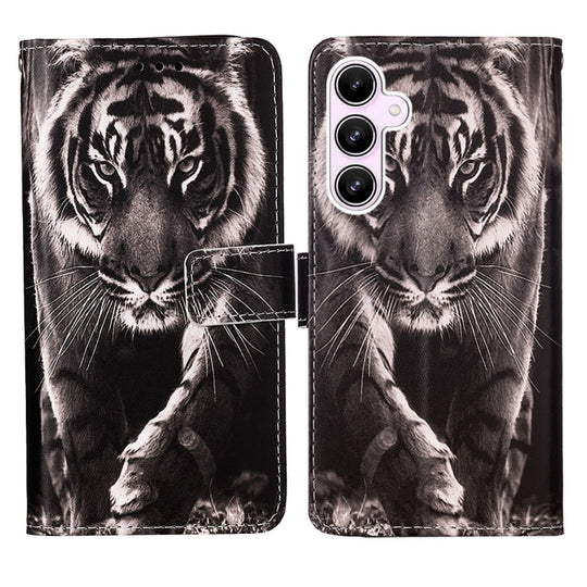 For Samsung Galaxy A55 Colored Drawing Pattern Plain Weave Leather Phone Case(Black And White Tiger)
