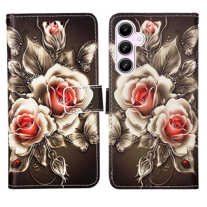 For Samsung Galaxy A55 Colored Drawing Pattern Plain Weave Leather Phone Case(Roses On Black) by buy2fix