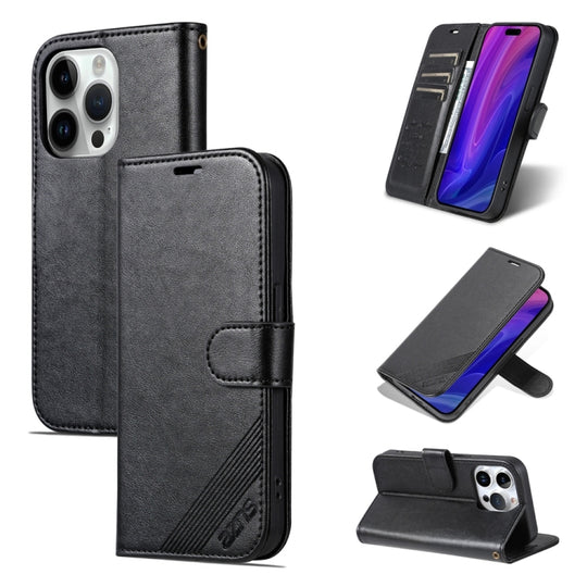 For iPhone 15 Pro AZNS Sheepskin Texture Flip Leather Phone Case(Black)