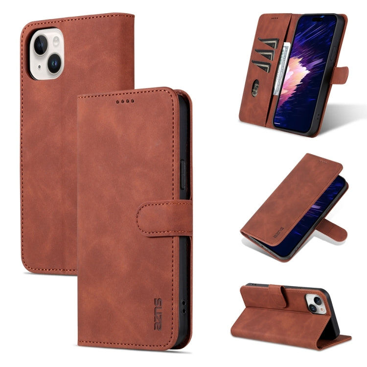 For iPhone 15 AZNS Skin Feel Calf Texture Flip Leather Phone Case(Brown) - iPhone 15 Cases by AZNS | Online Shopping UK | buy2fix