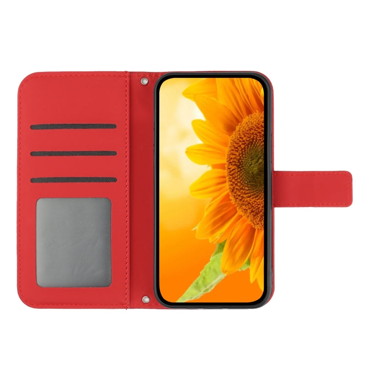 For Motorola Moto G Play 4G 2024 HT04 Skin Feel Sun Flower Embossed Flip Leather Phone Case with Lanyard(Red) - Motorola Cases by buy2fix | Online Shopping UK | buy2fix