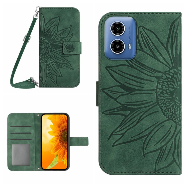 For Motorola Moto G Stylus 5G 2024 HT04 Skin Feel Sun Flower Embossed Flip Leather Phone Case with Lanyard(Green) - Motorola Cases by buy2fix | Online Shopping UK | buy2fix