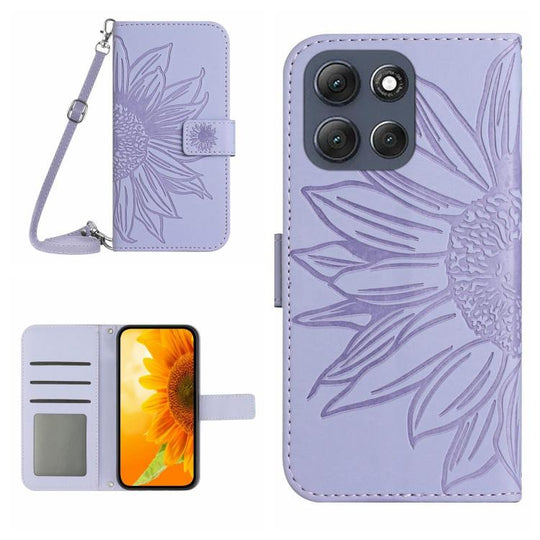 For Motorola Moto G86 5G HT04 Skin Feel Sun Flower Embossed Flip Leather Phone Case with Lanyard(Purple)