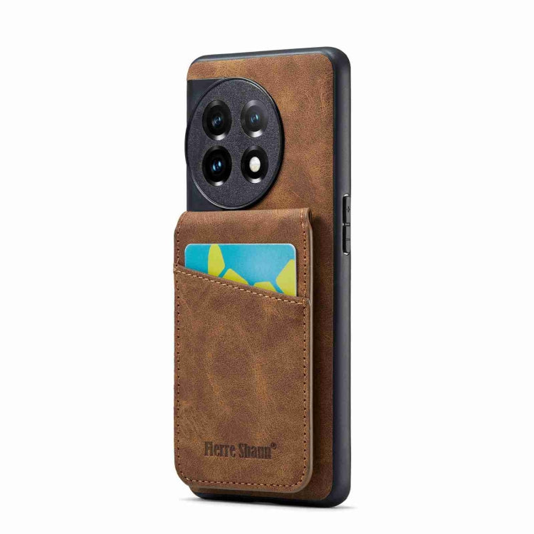 For OnePlus 11 Fierre Shann Crazy Horse Card Holder Back Cover PU Phone Case(Brown) by FIERRE SHANN