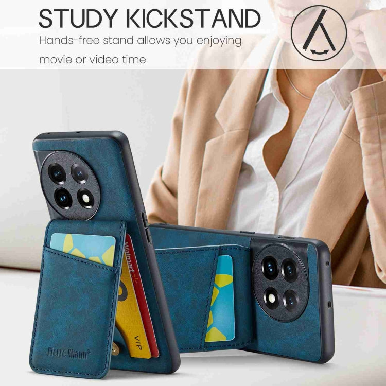For OnePlus 11 Fierre Shann Crazy Horse Card Holder Back Cover PU Phone Case(Blue) by FIERRE SHANN