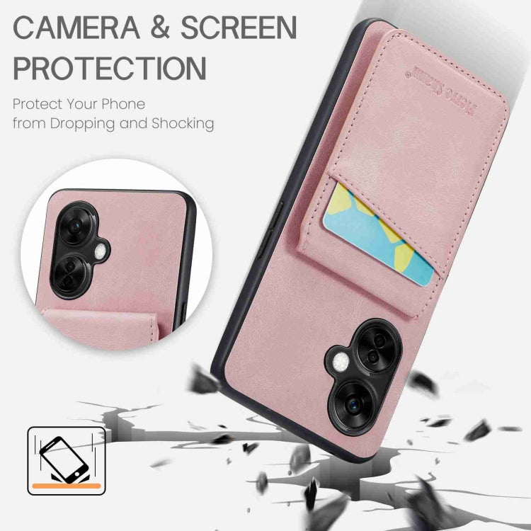 For OnePlus Nord CE 3 / CE 3 Lite Fierre Shann Crazy Horse Card Holder Back Cover PU Phone Case(Pink) - OnePlus Cases by FIERRE SHANN | Online Shopping UK | buy2fix