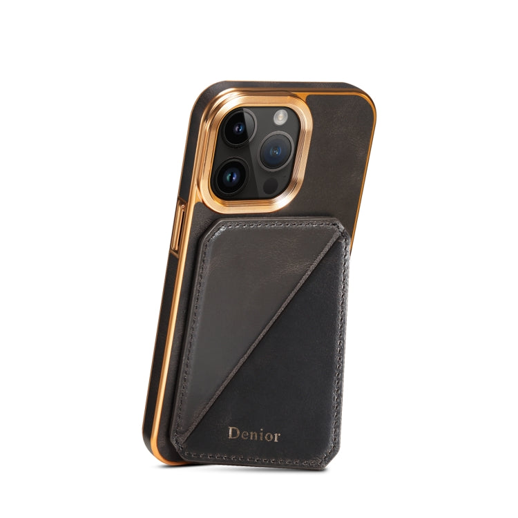 For iPhone 12 / 12 Pro Denior Oil Wax Leather Electroplating Card Slot Holder Phone Case(Black) - iPhone 12 / 12 Pro Cases by Denior | Online Shopping UK | buy2fix