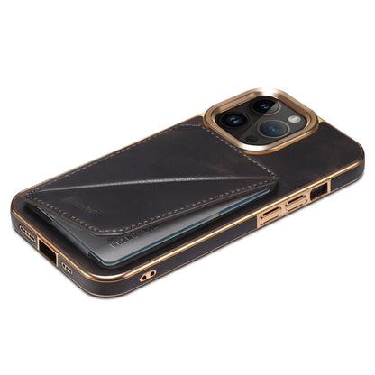 For iPhone 12 / 12 Pro Denior Oil Wax Leather Electroplating Card Slot Holder Phone Case(Black) - iPhone 12 / 12 Pro Cases by Denior | Online Shopping UK | buy2fix