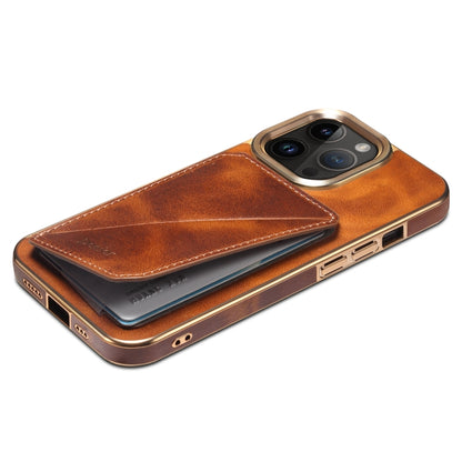 For iPhone 12 / 12 Pro Denior Oil Wax Leather Electroplating Card Slot Holder Phone Case(Brown) - iPhone 12 / 12 Pro Cases by Denior | Online Shopping UK | buy2fix