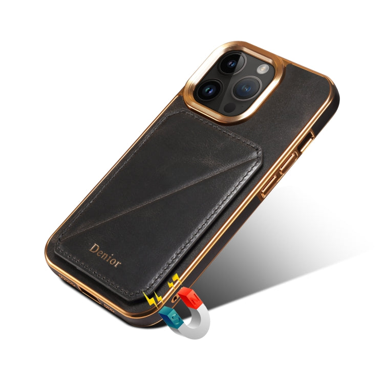 For iPhone 14 Pro Denior Oil Wax Leather Electroplating Card Slot Holder Phone Case(Black) - iPhone 14 Pro Cases by Denior | Online Shopping UK | buy2fix