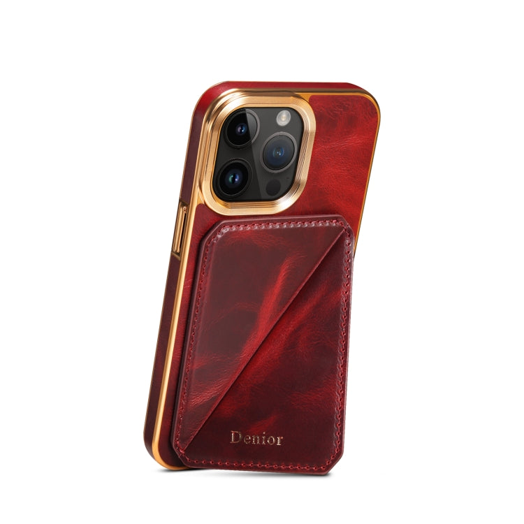 For iPhone 14 Pro Denior Oil Wax Leather Electroplating Card Slot Holder Phone Case(Red) - iPhone 14 Pro Cases by Denior | Online Shopping UK | buy2fix