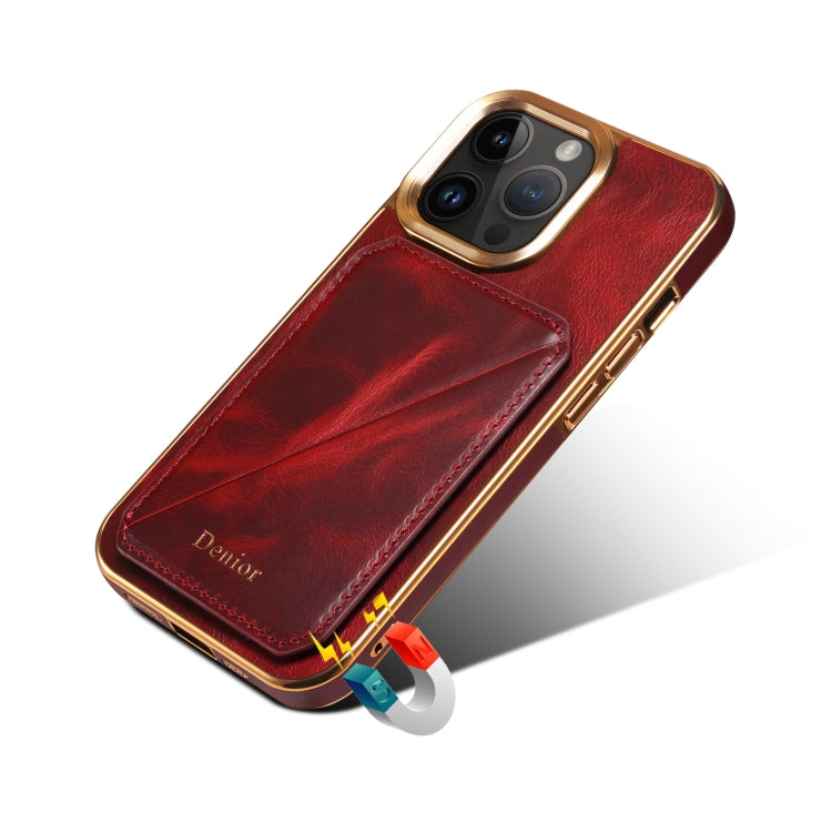 For iPhone 14 Pro Denior Oil Wax Leather Electroplating Card Slot Holder Phone Case(Red) - iPhone 14 Pro Cases by Denior | Online Shopping UK | buy2fix