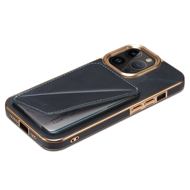 For iPhone 14 Pro Denior Oil Wax Leather Electroplating Card Slot Holder Phone Case(Blue) - iPhone 14 Pro Cases by Denior | Online Shopping UK | buy2fix