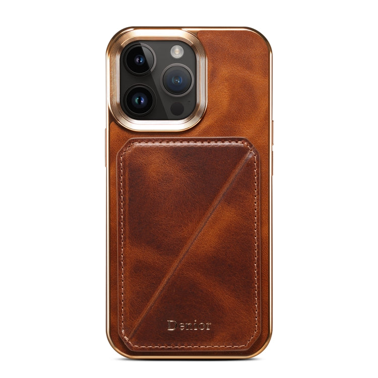 For iPhone 15 Pro Denior Oil Wax Leather Electroplating Card Slot Holder Phone Case(Brown) - iPhone 15 Pro Cases by Denior | Online Shopping UK | buy2fix