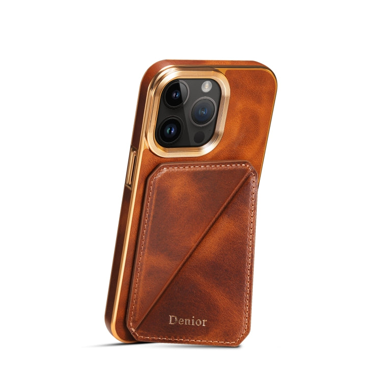 For iPhone 15 Pro Denior Oil Wax Leather Electroplating Card Slot Holder Phone Case(Brown) - iPhone 15 Pro Cases by Denior | Online Shopping UK | buy2fix