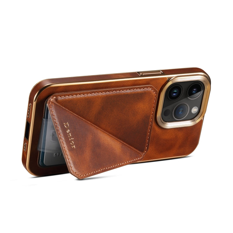 For iPhone 15 Pro Denior Oil Wax Leather Electroplating Card Slot Holder Phone Case(Brown) - iPhone 15 Pro Cases by Denior | Online Shopping UK | buy2fix