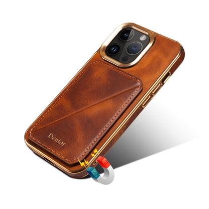 For iPhone 15 Pro Denior Oil Wax Leather Electroplating Card Slot Holder Phone Case(Brown) - iPhone 15 Pro Cases by Denior | Online Shopping UK | buy2fix