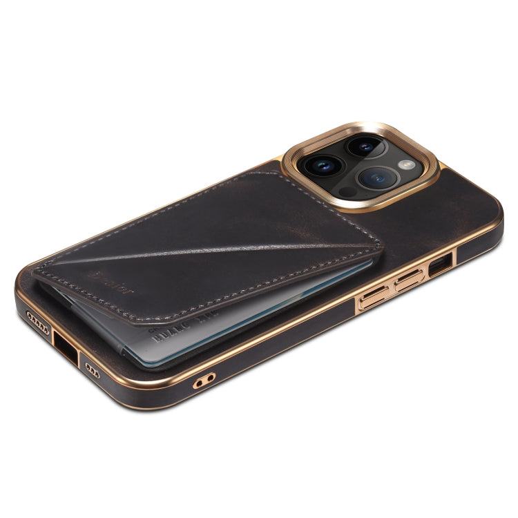 For iPhone 15 Plus Denior Oil Wax Leather Electroplating Card Slot Holder Phone Case(Black) - iPhone 15 Plus Cases by Denior | Online Shopping UK | buy2fix