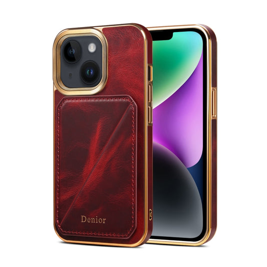 For iPhone 15 Plus Denior Oil Wax Leather Electroplating Card Slot Holder Phone Case(Red) - iPhone 15 Plus Cases by Denior | Online Shopping UK | buy2fix