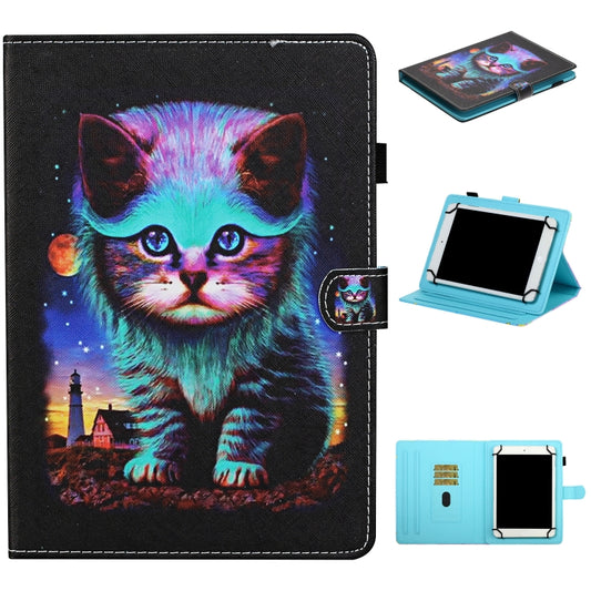 For 10 inch Universal Tablet Colored Drawing Stitching Horizontal Flip Leather Case with Holder & Card Slots & Anti-skid strip(Night Cat) - 7 inch by buy2fix | Online Shopping UK | buy2fix