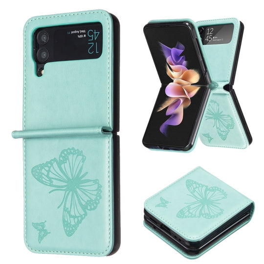 For Samsung Galaxy Z Flip4 Embossing Two Butterflies Leather Phone Case(Green)