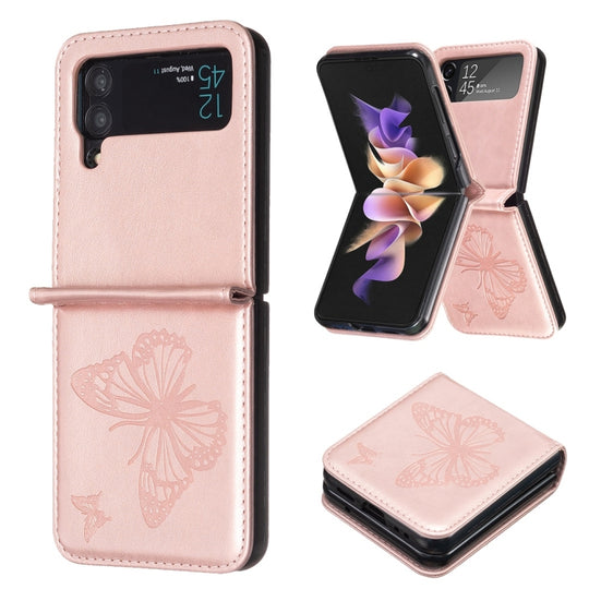 For Samsung Galaxy Z Flip4 Embossing Two Butterflies Leather Phone Case(Rose Gold)