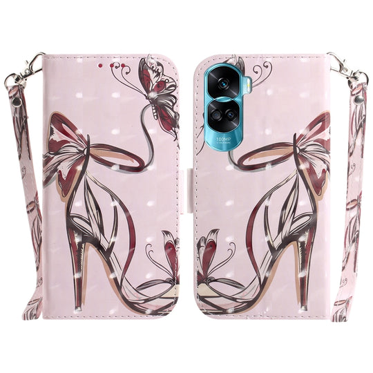 For Honor 90 Lite 3D Colored Flip Leather Phone Case(Butterfly High-heeled)
