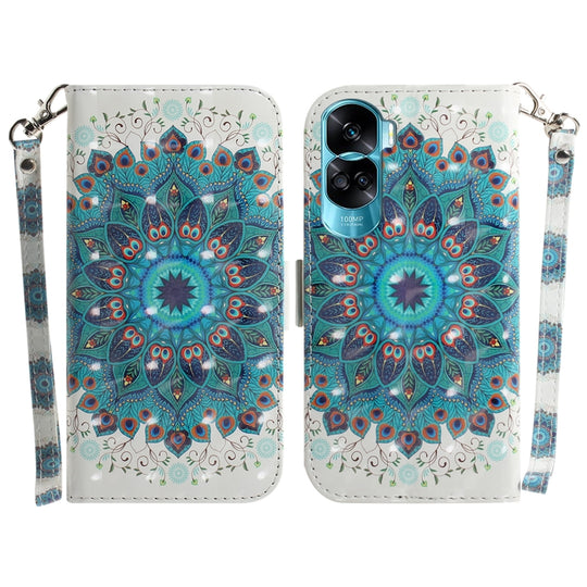 For Honor 90 Lite 3D Colored Flip Leather Phone Case(Peacock Wreath)