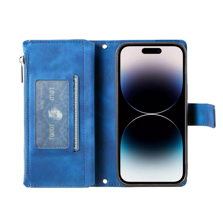 For iPhone 16 Pro Multi-Card Totem Zipper Leather Phone Case(Blue) - iPhone 16 Pro Cases by buy2fix | Online Shopping UK | buy2fix