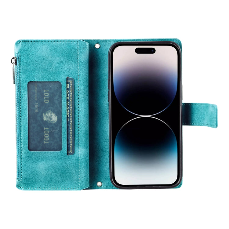 For iPhone 16 Plus Multi-Card Totem Zipper Leather Phone Case(Green) - iPhone 16 Plus Cases by buy2fix | Online Shopping UK | buy2fix