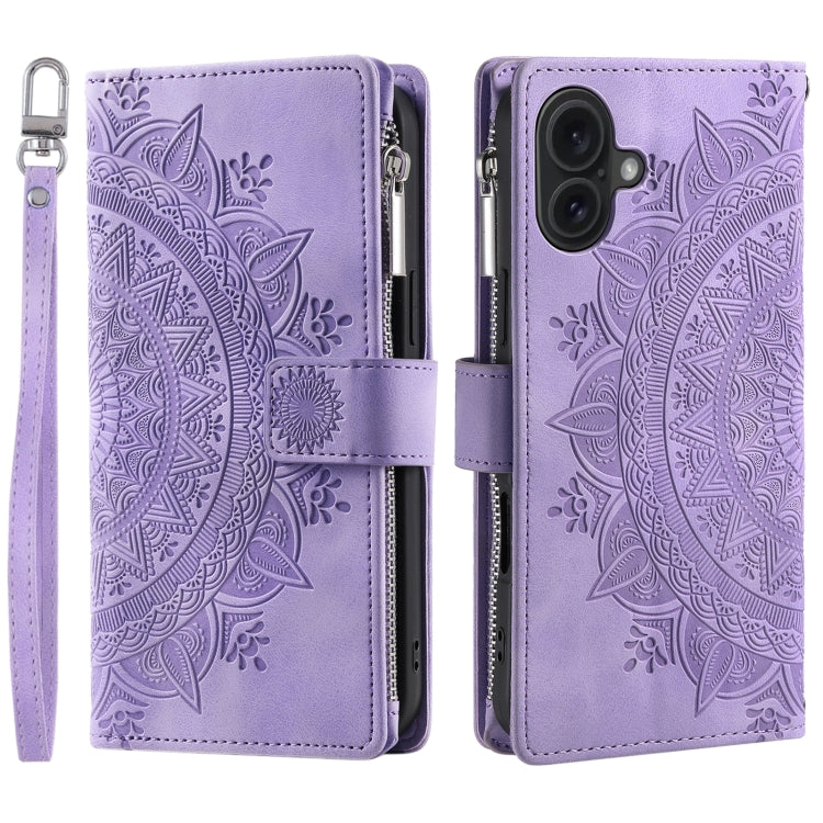 For iPhone 16 Plus Multi-Card Totem Zipper Leather Phone Case(Purple) - iPhone 16 Plus Cases by buy2fix | Online Shopping UK | buy2fix