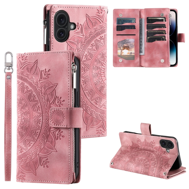 For iPhone 16 Plus Multi-Card Totem Zipper Leather Phone Case(Pink) - iPhone 16 Plus Cases by buy2fix | Online Shopping UK | buy2fix