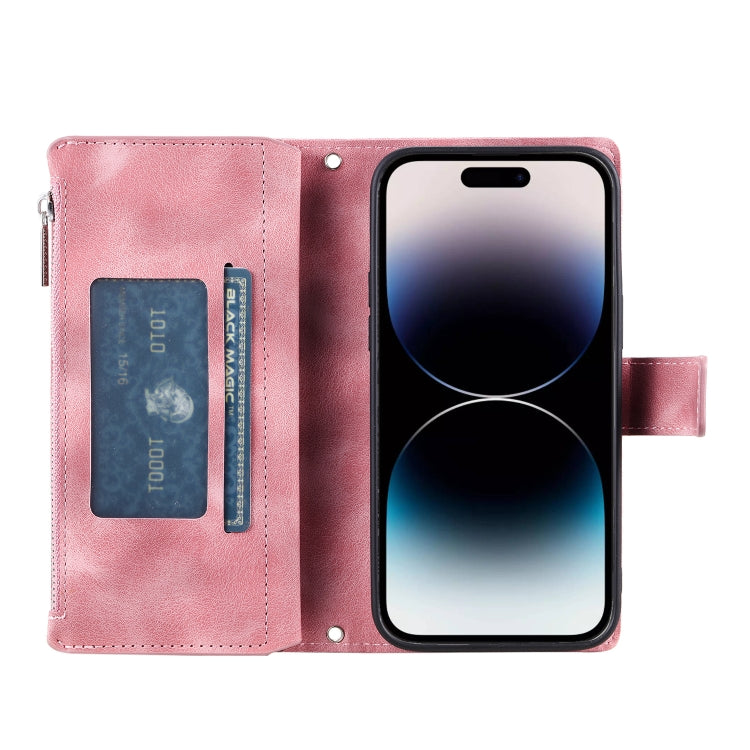 For iPhone 16 Plus Multi-Card Totem Zipper Leather Phone Case(Pink) - iPhone 16 Plus Cases by buy2fix | Online Shopping UK | buy2fix