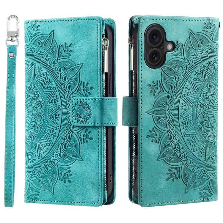 For iPhone 16 Multi-Card Totem Zipper Leather Phone Case(Green) - iPhone 16 Cases by buy2fix | Online Shopping UK | buy2fix