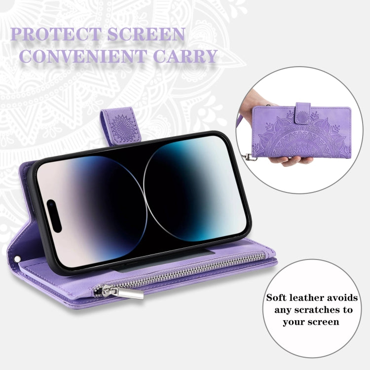 For iPhone 16 Multi-Card Totem Zipper Leather Phone Case(Purple) - iPhone 16 Cases by buy2fix | Online Shopping UK | buy2fix