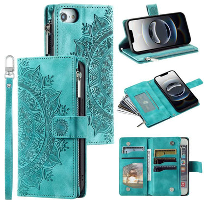 For iPhone 16e Multi-Card Totem Zipper Leather Phone Case(Green) - iPhone 16e Cases by buy2fix | Online Shopping UK | buy2fix