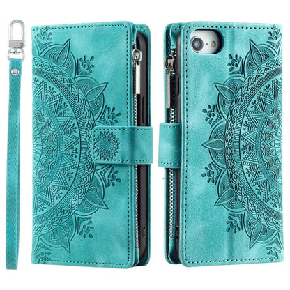 For iPhone 16e Multi-Card Totem Zipper Leather Phone Case(Green) - iPhone 16e Cases by buy2fix | Online Shopping UK | buy2fix