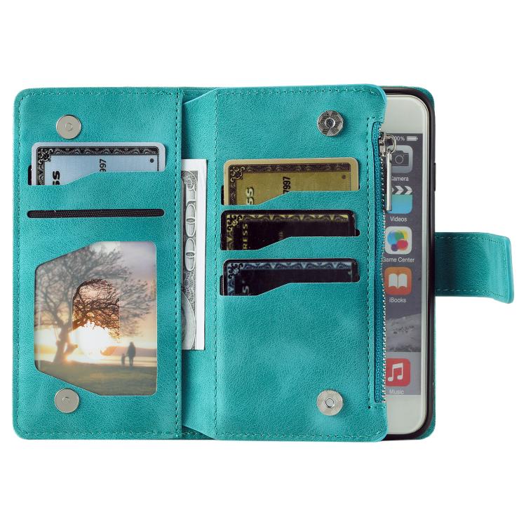 For iPhone 16e Multi-Card Totem Zipper Leather Phone Case(Green) - iPhone 16e Cases by buy2fix | Online Shopping UK | buy2fix