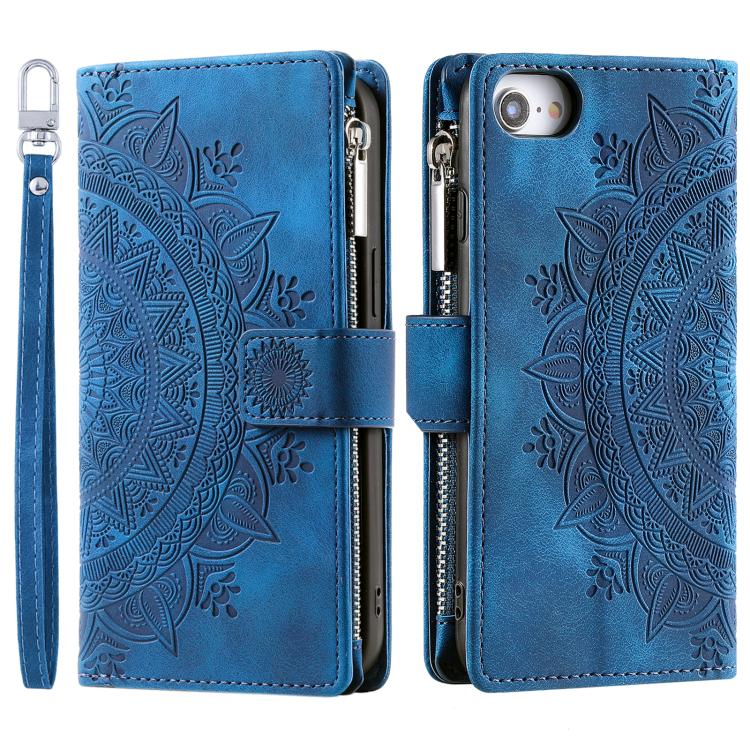For iPhone 16e Multi-Card Totem Zipper Leather Phone Case(Blue) - iPhone 16e Cases by buy2fix | Online Shopping UK | buy2fix