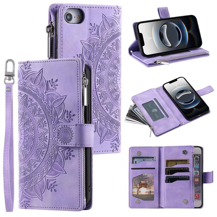 For iPhone 16e Multi-Card Totem Zipper Leather Phone Case(Purple) - iPhone 16e Cases by buy2fix | Online Shopping UK | buy2fix